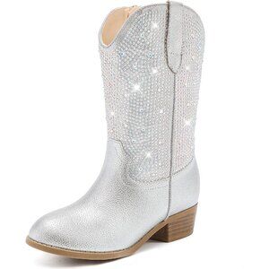 Rhinestone Kids Girls Silver  Cowgirl Boots Sparkly Dress Boot Pointed Toes